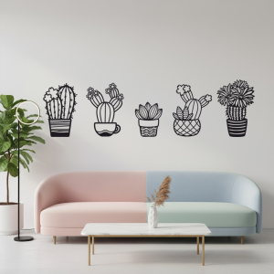 Päťdielny drevený obraz kaktusy v kvetináčoch
