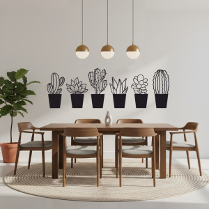 Šesťdielny drevený obraz kaktusy v kvetináčoch