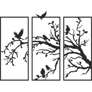 Trojdielny drevený obraz strom s vtákmi