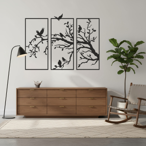 Trojdielny drevený obraz strom s vtákmi